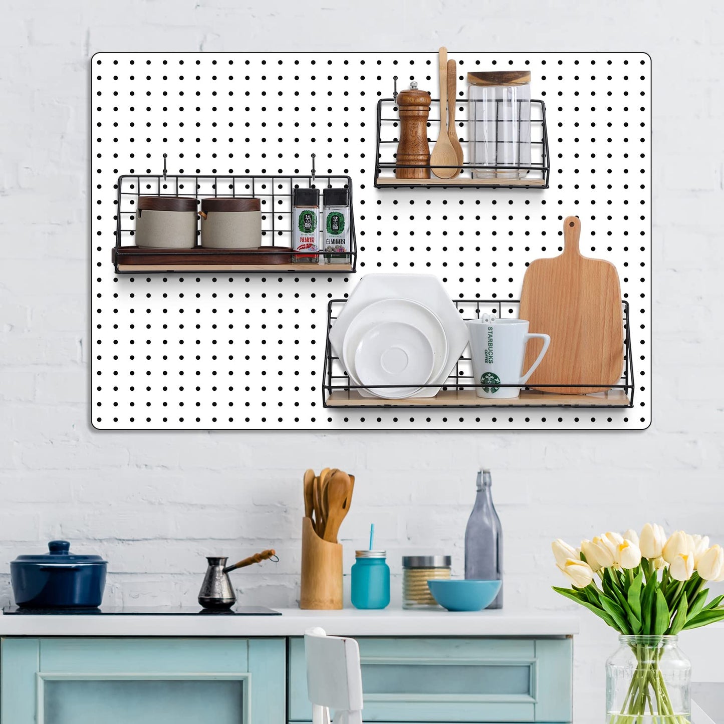Roowest 3 Sets Metal Pegboard Shelves with Steel Peg Board Brackets and Hooks Wall Organizer Storage Display Tray Accessories for Craft Room Home Office Garage Nursery Workbench Kitchen(Black)