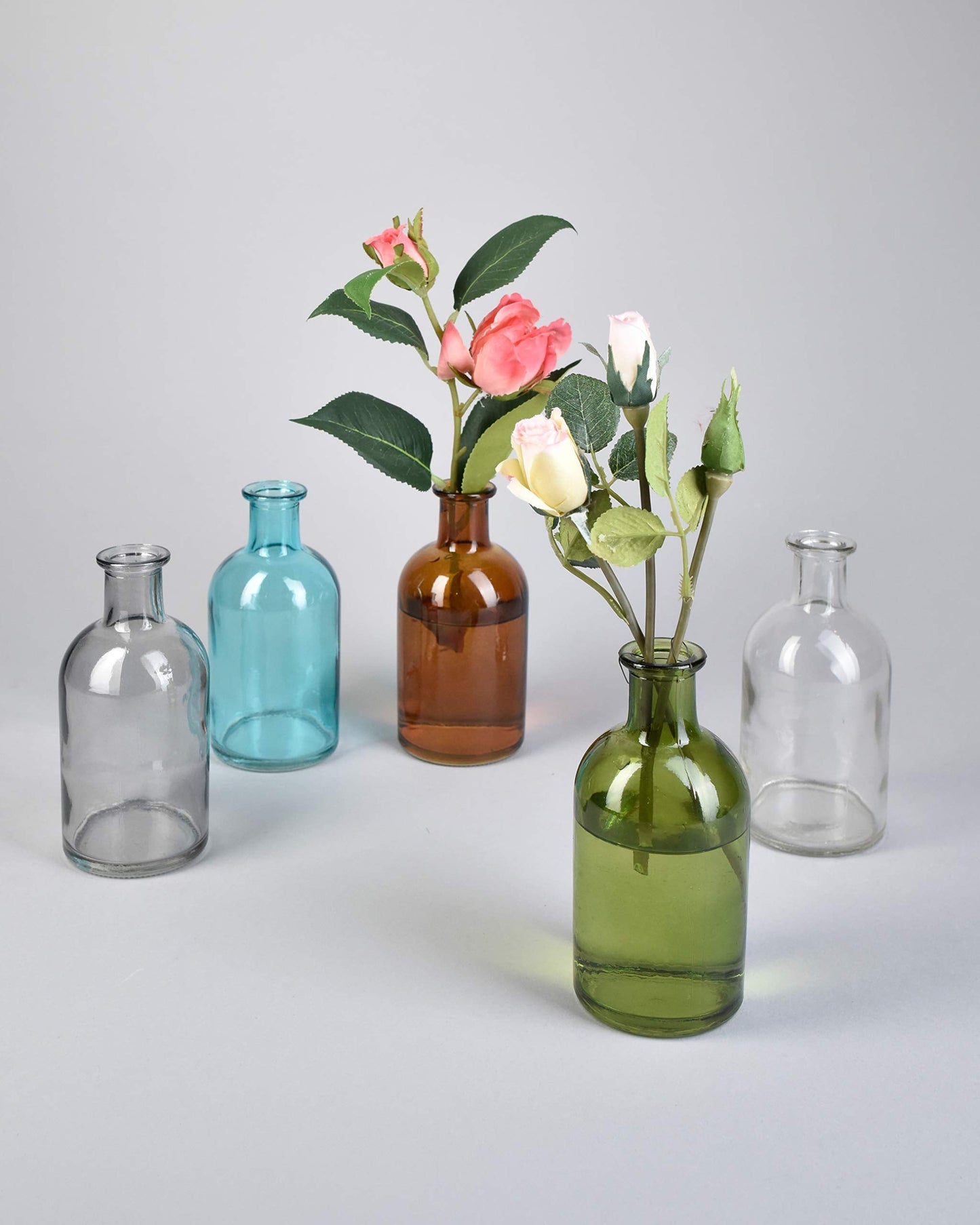 Serene Spaces Living Bud Vases, Apothecary Jars, Decorative Glass Bottles, Centerpiece for Wedding Reception, Mini Flower Vases, Small Medicine Bottles for Home Decor (Dark Green, Set of 6)