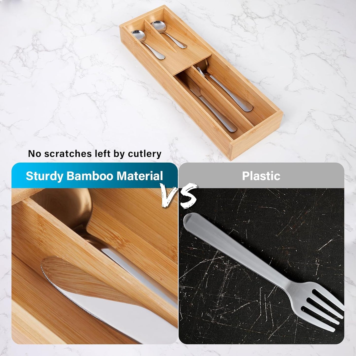 Bamboo Silverware Drawer Organizer Kitchen Utensil Tray Holder for Flatware, Cutlery, Spoon, Forks, Knives