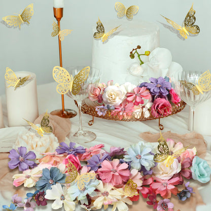 Wavyknot 342 Pcs Faux Flower Heads and 3D Butterfly for Craft Bulk DIY Graduation Cap Decorations Accessory Kit Small Silk Fake Floral Head Gold Butterfly for Wedding Bouquet Graduation Cap Decor