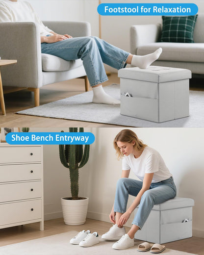 17 Inches Ottoman with Storage Foot Stool, Folding Storage Ottomans, Leather Upholstered Ottoman Foot Rest with Side