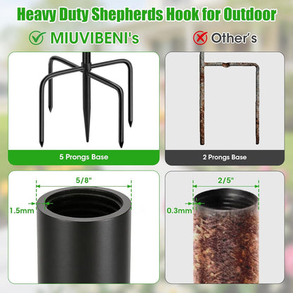 Skiennix 79-Inch Double Shepherds Hooks - Heavy Duty Bird Feeder Pole with 5-Prong Base for Lanterns & Hummingbird Feeders