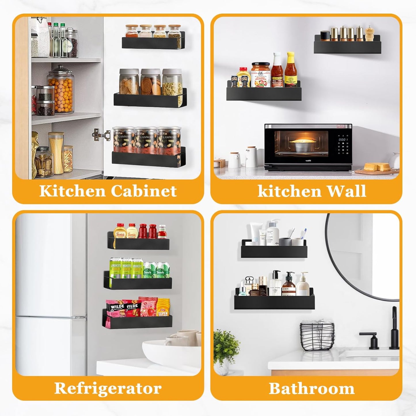 Kitchen Spice Rack for Wall - 13.8" Black Large Adhesive Hanging Spice Racks, 2 Packs Storage Organizer