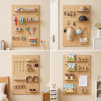 Lumiterra Large Wood Pegboard Wall Organizer - Heavy Duty 2-Panel Wooden Peg Board Kit with Shelves & Accessories, Modular Wall Storage Display for Craft Room, Office, Bedroom