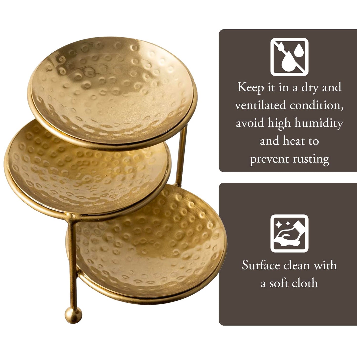 MyGift 3 Tier Jewelry Dish Organizer - Hammered Brass Plated Metal Ring Tray, Decorative Earring, Necklace, Bracelet Storage Display Tower - Handcrafted in India