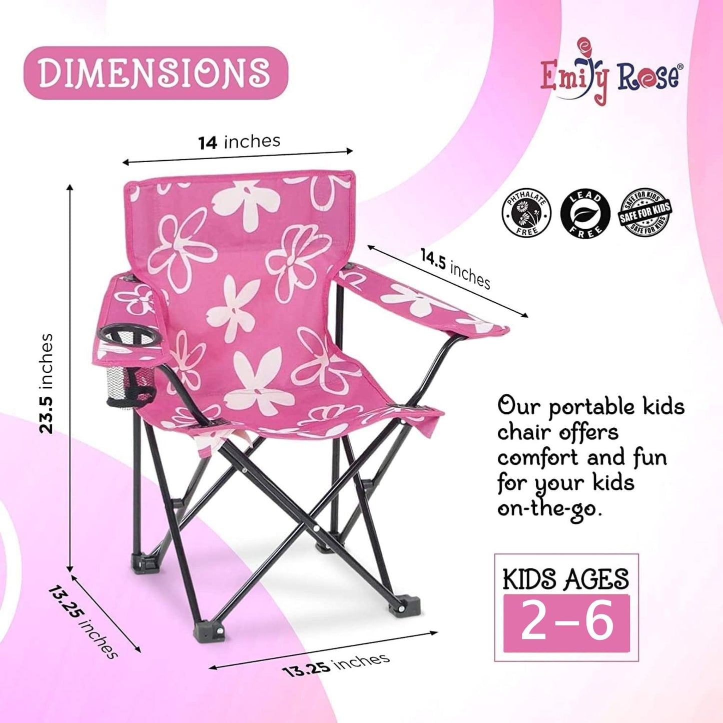 Emily Rose Kids Pink Flowers Folding Beach Camping Camp Chair with Safety Lock, Carry Case & Cup Holder - for Girls Toddlers - Tailgate, Travel, Lawn, Sports - Indoor & Outdoor | USA Company