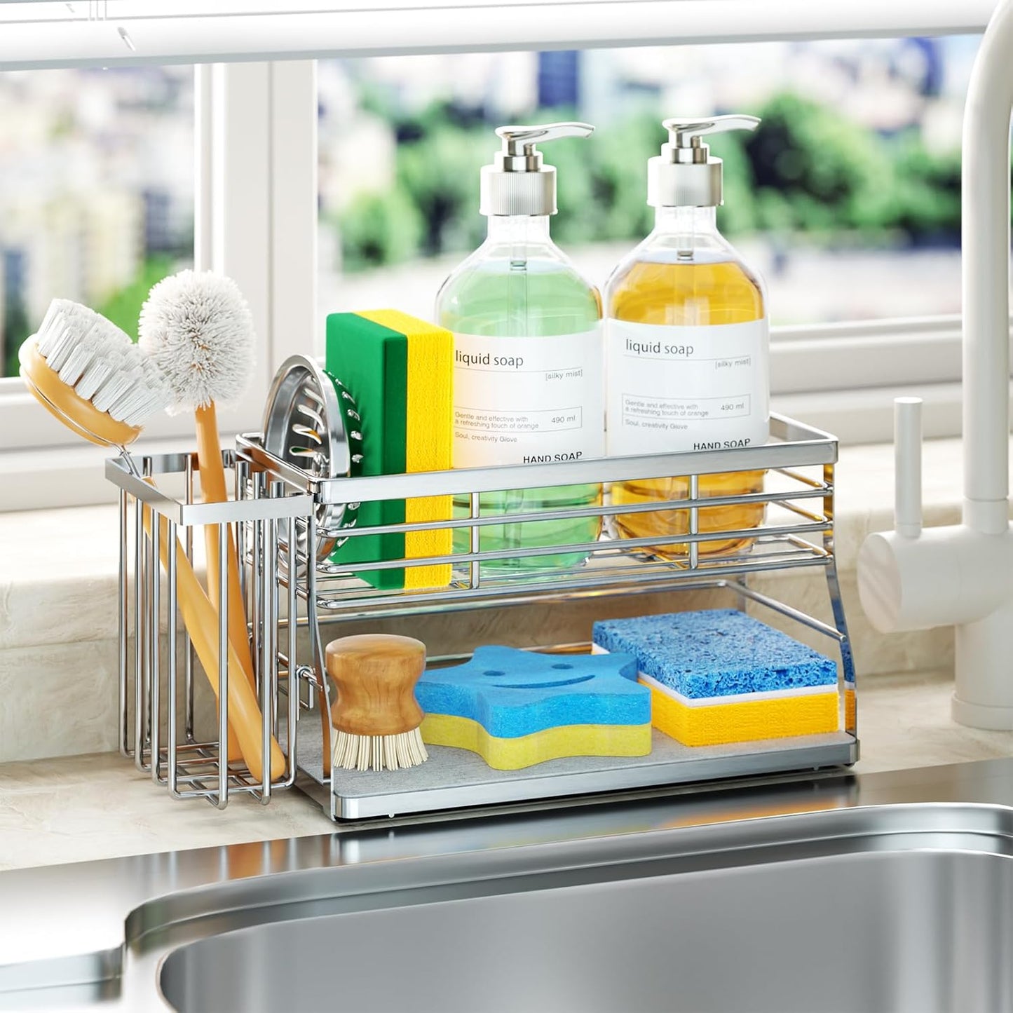 2 Countertop, SWTYMIKI Kitchen Sink Caddy Organizer, Tier Sponge Holder for Kitchen Sink with Instant Drying Stone