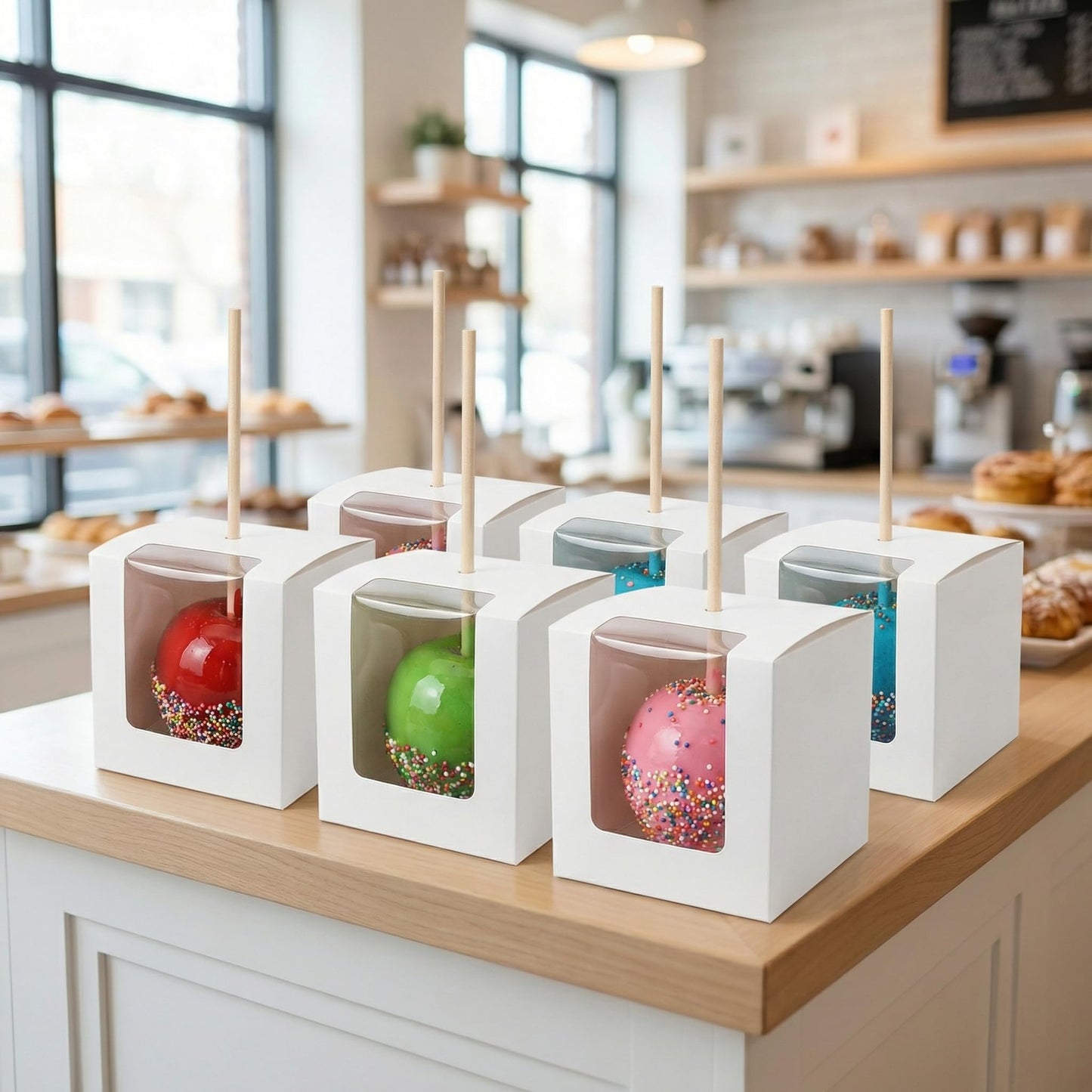 Frcctre 50 Pack White Kraft Candy Apple Boxes with Holes and Sticks, 4" x 4" x 4" Caramel Apple Box Gift Boxes Favor Boxes with Clear Window for Wedding Christmas Baby Shower Party Accessories