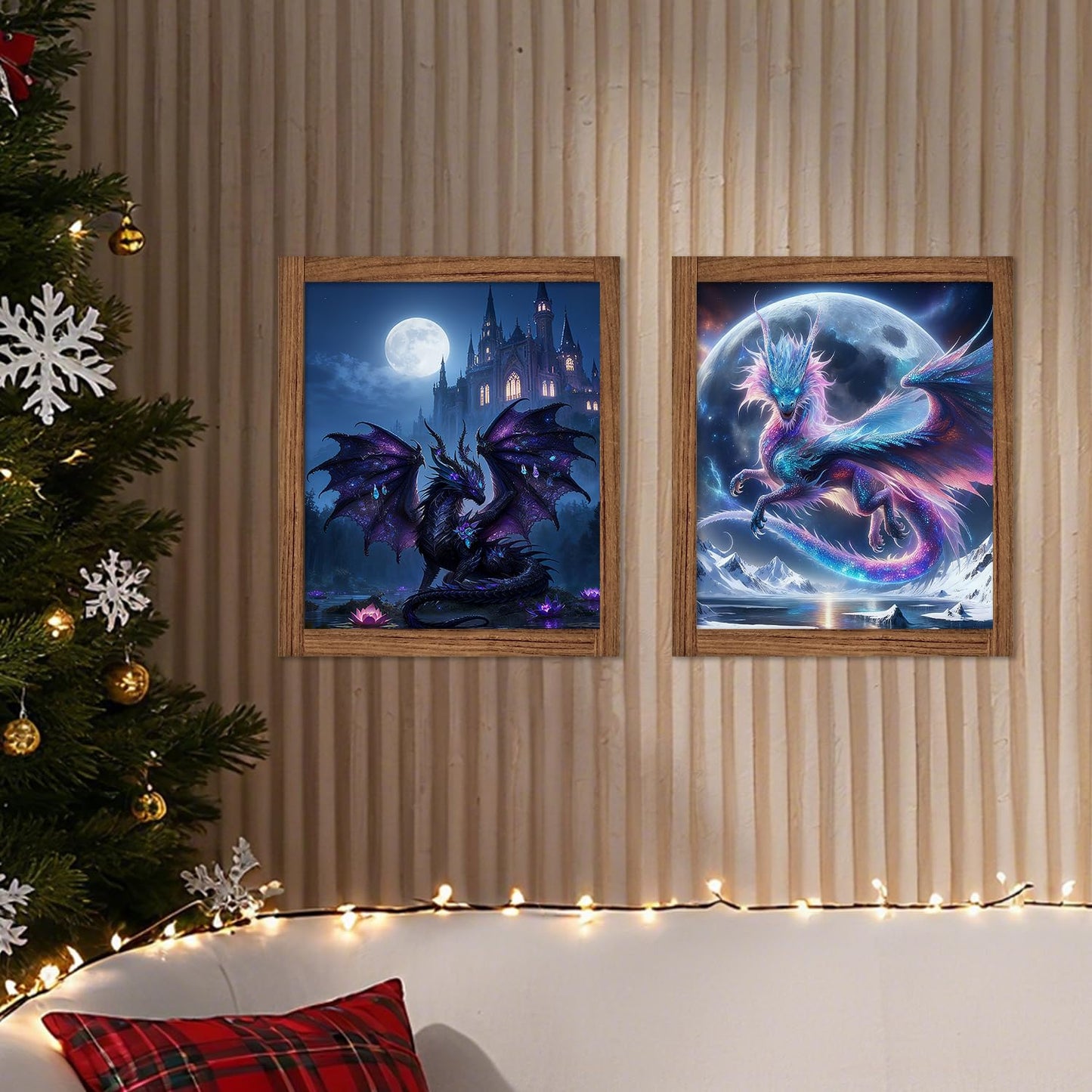 XUNLURY Dragon Diamond Art Kits 2 Pcs, Fantasy Neon Dragon Full Moon Castle Diamond Painting Kits for Adults Beginners, Full Drill Diamonds Dots for Home Decor, 9.8x11.8 Inch