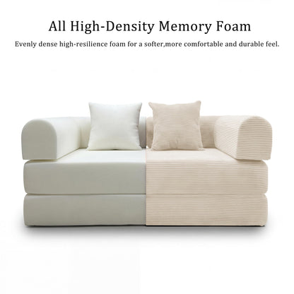 HouseMila 53.15" Boneless Couch,4-in-1 Futon Sofa Bed Modular Loveseat Sleeper Folding Compressed Couch with Pillows,No Assembly Required Convertible Sofa Bed for Living Room Bedroom Guest Room,Beige