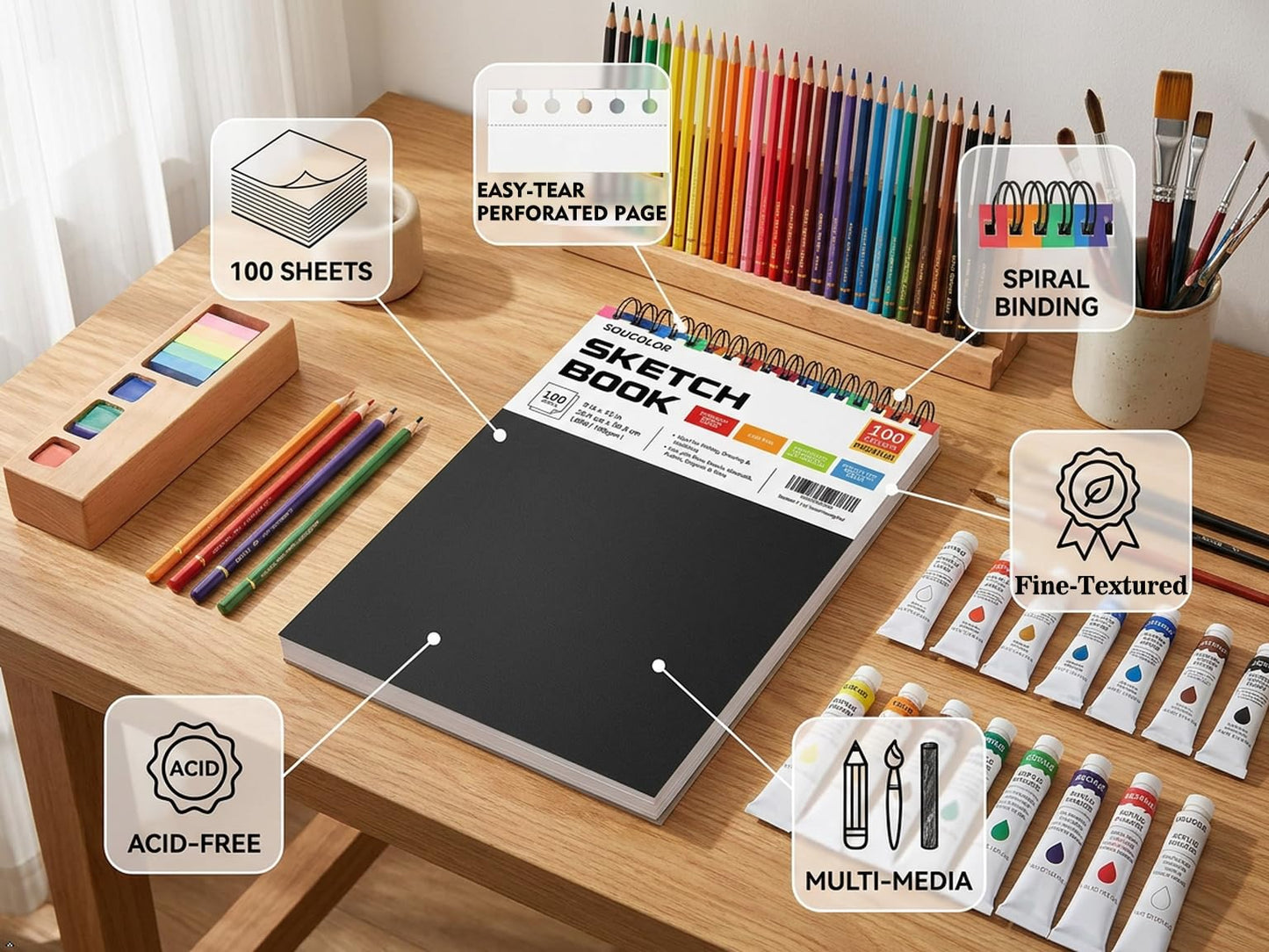 Soucolor 9" x 12" Sketch Book, 100 Sheets Top Spiral Bound Sketchbook with Acid-Free 68lb/100gsm Thick Drawing Paper, Art Sketch Pad for Kids, Adults & Artist, Professional Art Supplies for Beginners