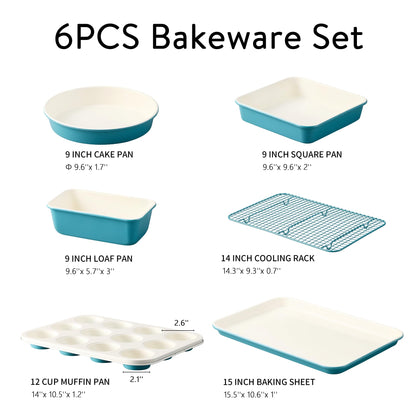 CAROTE 6-Piece Ceramic Baking Pans Set, Aluminized Steel Bakeware Sets, Toxin-Free Nonstick Stackable Oven Pans with Cookie Sheet, Muffin Pan, Loaf Pan, Round & Square Cake Pan, Cooling Rack