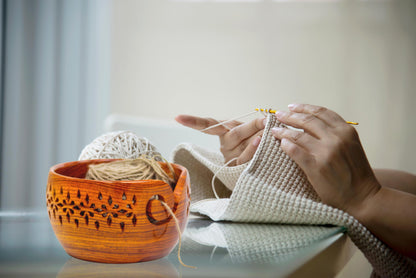Nagina International Rosewood Crafted Wooden Yarn Storage Bowl With Carved Holes & Drills | Knitting Crochet Accessories (Medium)