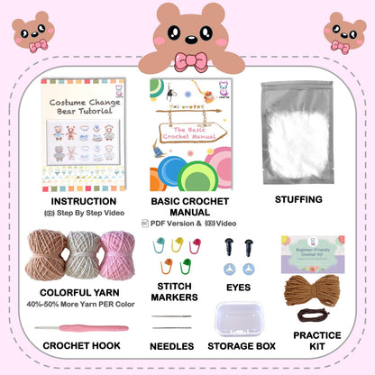 LoopMap Crochet Kit for Beginners – Amigurumi Crochet Animal Kit, Easy Starter Kit with Video Tutorial, Complete Crochet Kit with Extra Yarn, Gift for Adults & Teens (Bear, Pink)