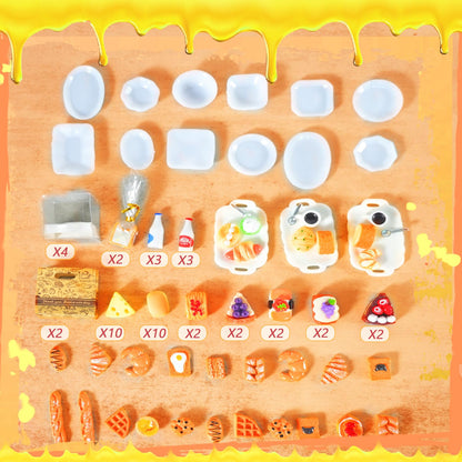 92 Pcs Miniature Bakery Case Cake Stand Cabinet with Mini Foods Set Miniature Food Cake Bread Dessert Milk Donuts for 1:12 Scale Mini Bakery Bread Shop Scene Models Mini House Kitchen Accessory