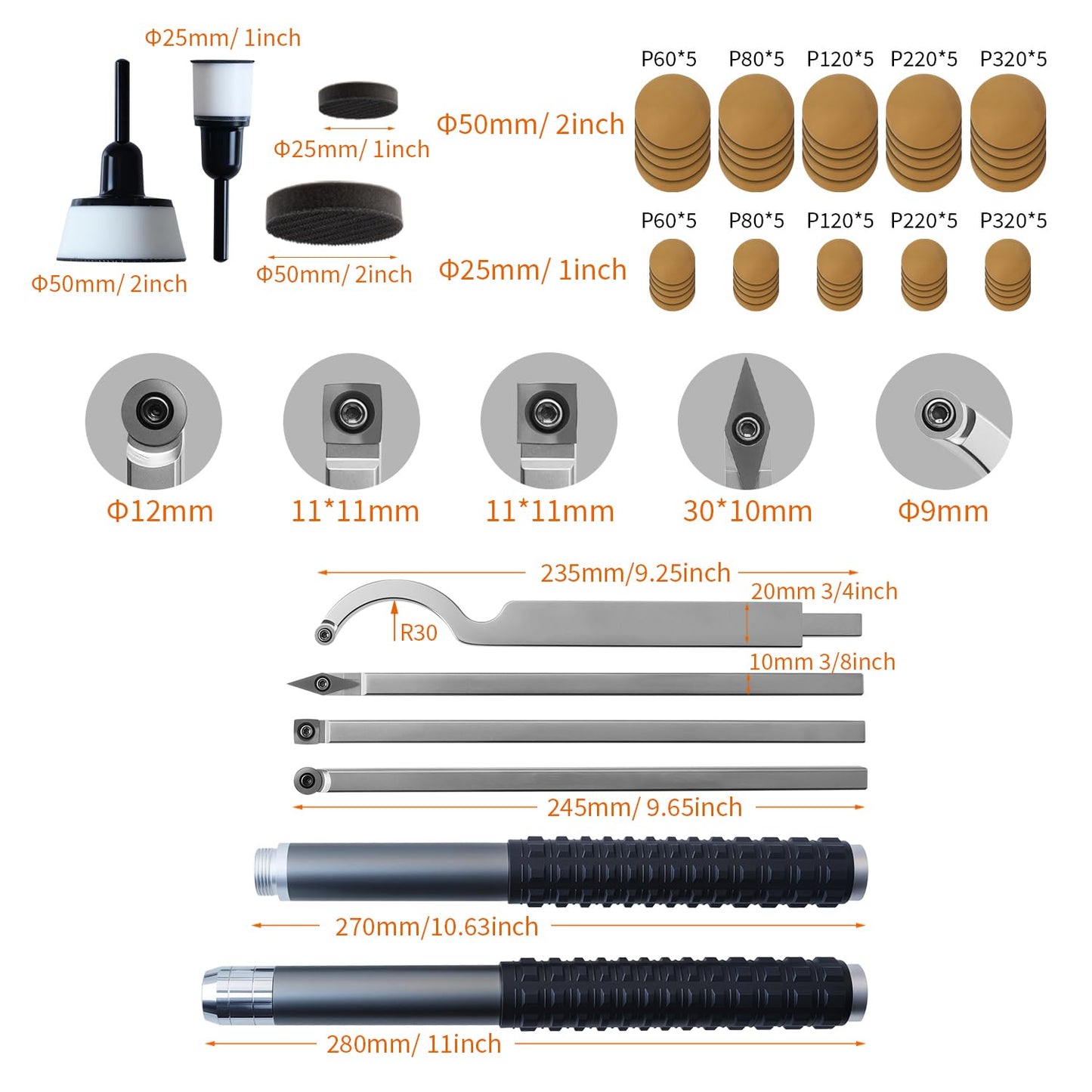 RUITOOL Carbide Wood Lathe Turning Tools Set with Bowl Sander, Including Swan Neck Hollower, Rougher, Finisher, Detailer, 1" & 2" Mandrels, Sandpapers and Aluminum Alloy Handles for Woodturning