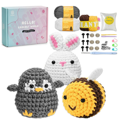Zepiany Crochet Kit for Beginners, Crochet Kit for Adults Easy Arts Crochet Animals Crafts, Knitting Kit Crochet Kits Women Men with Step-by-Step Video Guides Crochet Gifts, Penguin Bee Bunny