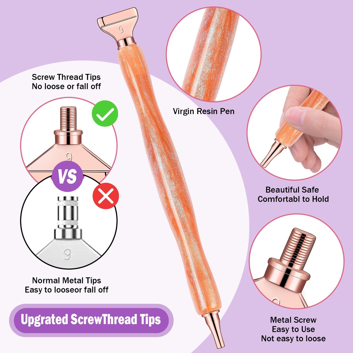 Snewvie Diamond Painting Pen Accessories Tools Set,3PCS Glitter Diamond Art Pen and 12Pcs Rosegold Metal Screw Thread Multi Placer Tips,Resin Diamond Painting Drill Pens for DIY Diamond Art