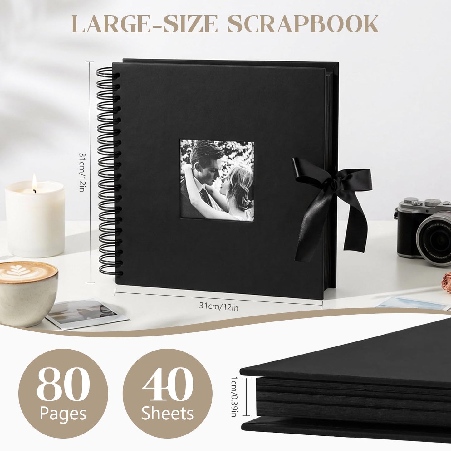 INNOCHEER Photo Album - Self Adhesive 80 Black Pages, Large Scrapbook Wedding Guest Book for DIY Anniversary Travel Memory Scrapbooking (Black 12 x 12)