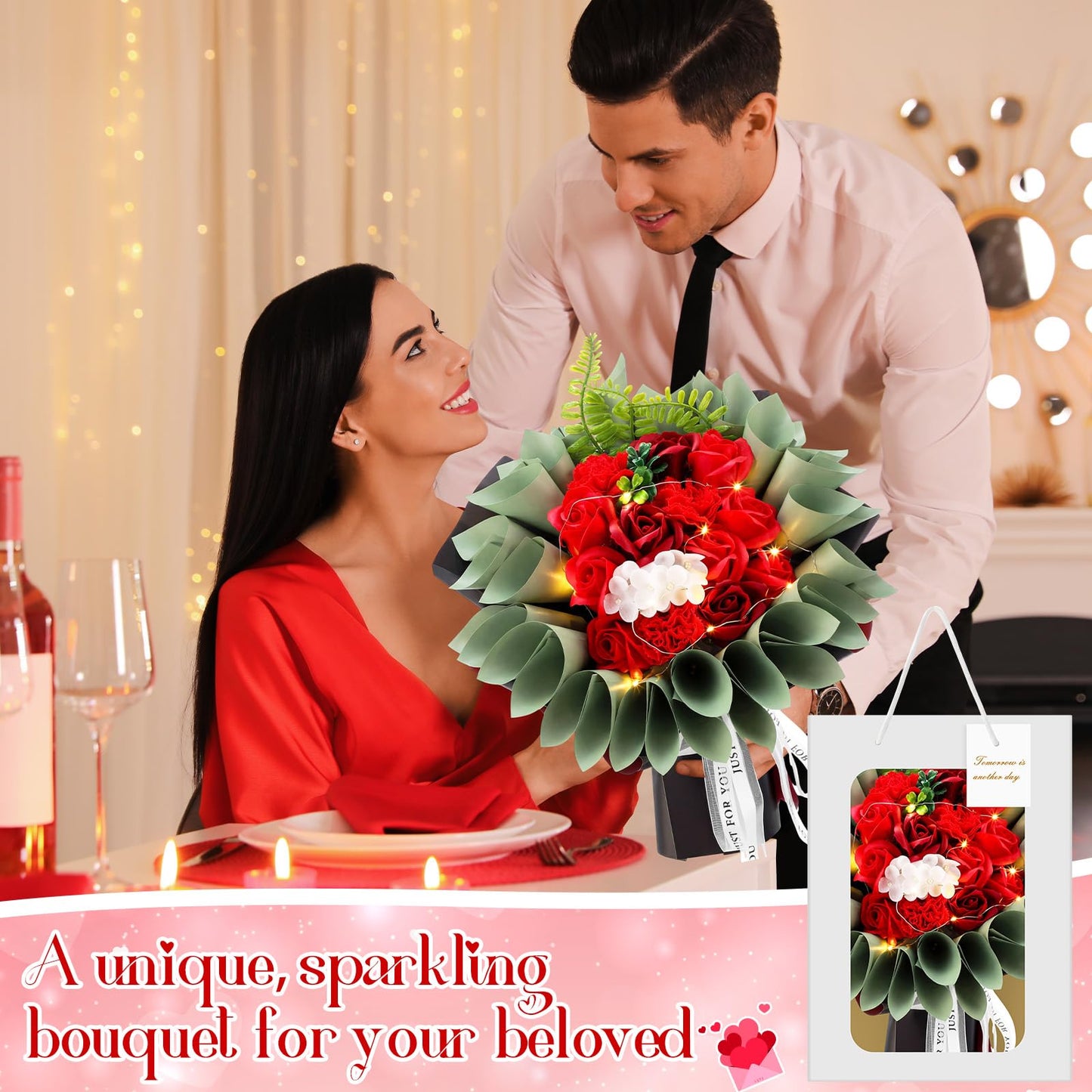 Suncalla Money Flower Bouquet Kit DIY Artificial Soap Rose Gifts with LED Light Kit, Fake Floral Rose Bouquet with Gift Bag Set for Graduation Anniversary Wedding(Red)