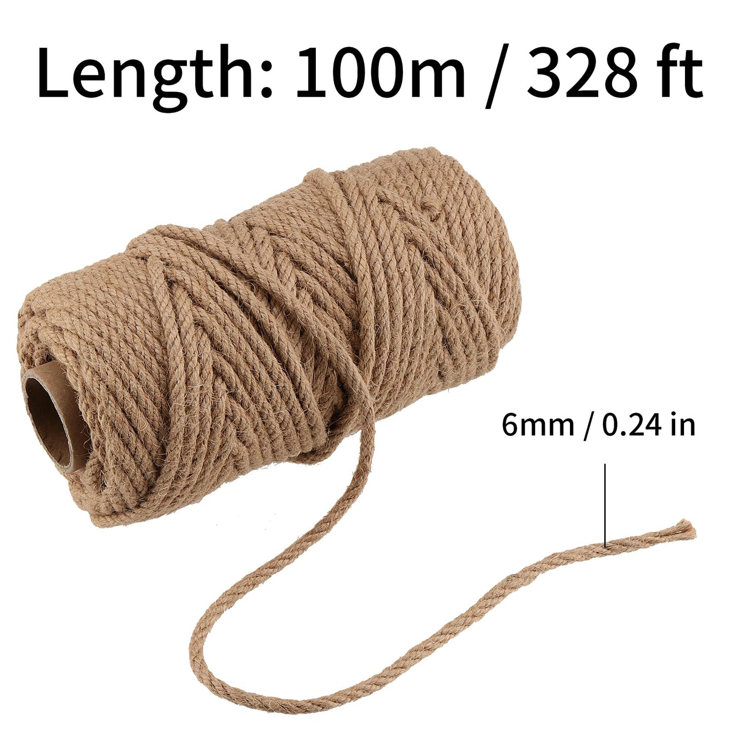 LEXININ 6mm Thick Jute Rope, 328 Feet Twisted Jute Twine, 6mmx100m Hemp Rope String for Crafts
