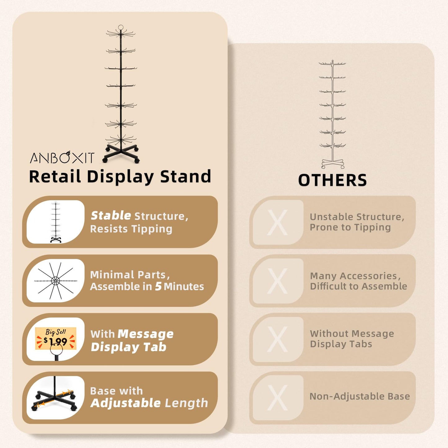 ANBOXIT Retail Display Stand, Rotating Display Rack for Earring Keychains Jewelry Vendor Events & Stores, 7 Tier Movable and Adjustable 1 PCS - Black