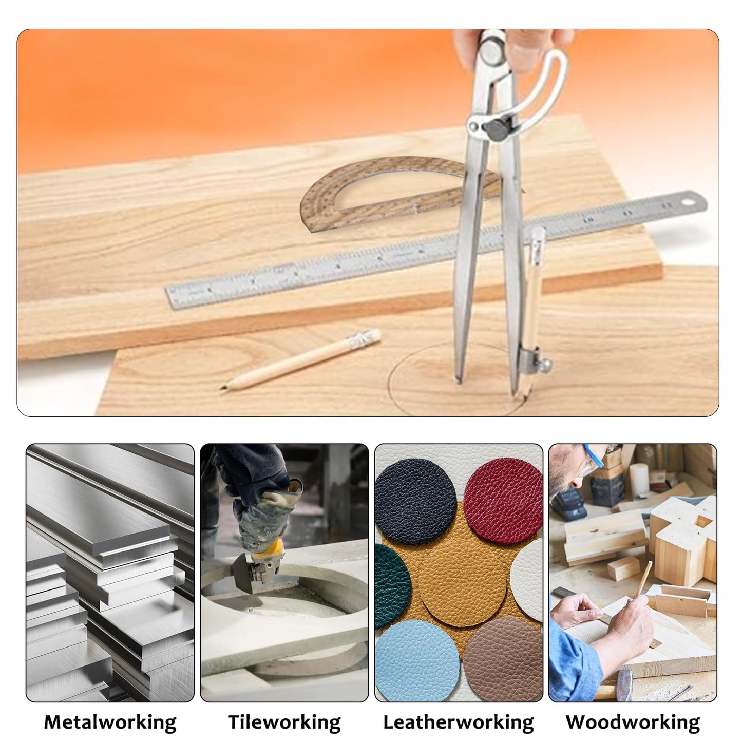 Eikovia Compass Geometry Tool, Drawing Compass, Professional 12 Inch Large Compass with Wing for Woodworking, 6 Inch Protractor, 12 Inch Ruler, 2 Pencil for Carpenter, Drafting