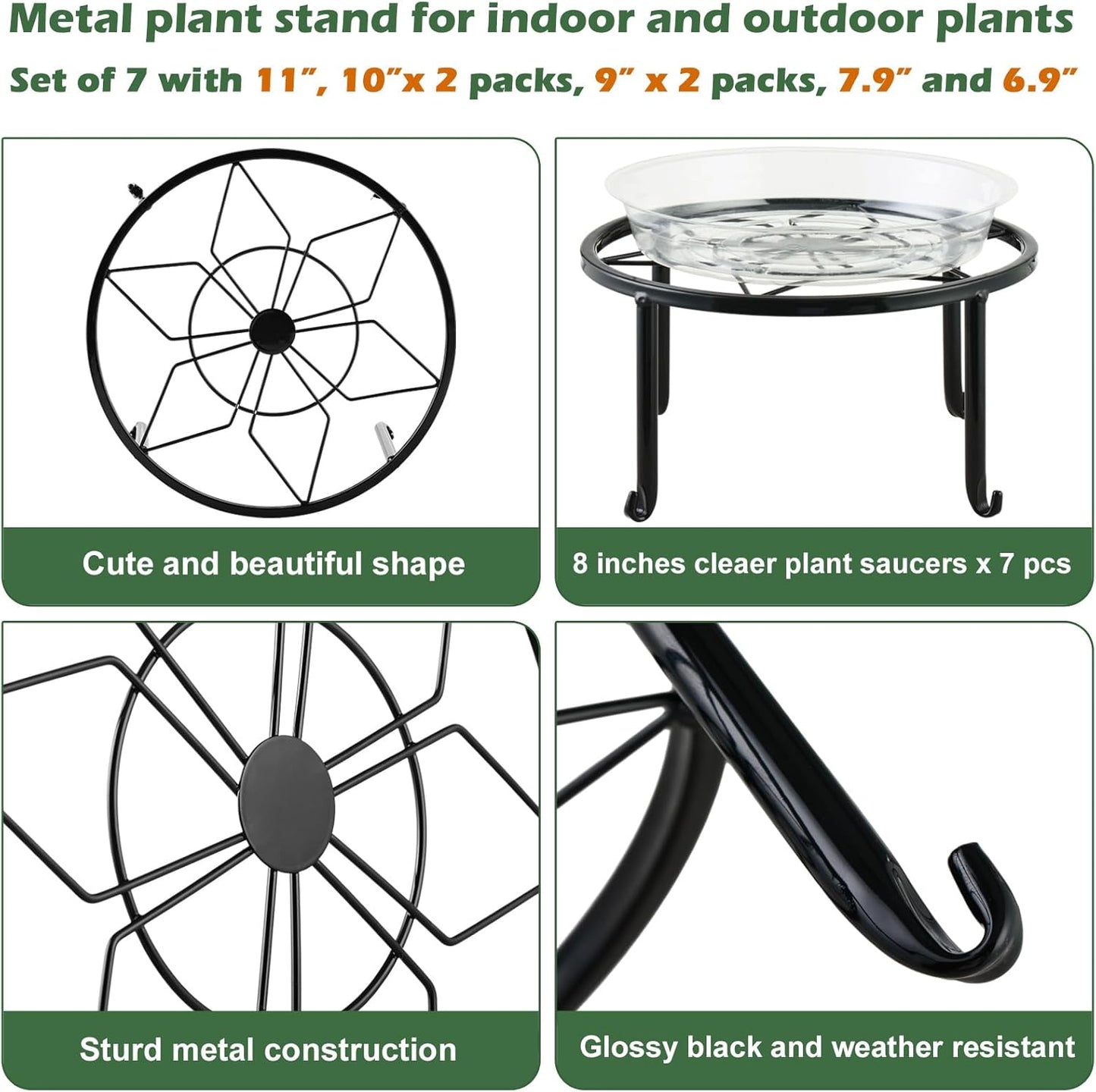 DEELF OUTLET 7-pack 6.9"/ 7.9"/ 9"/ 10"/ 11" Metal Plant Stands Indoor Outdoor Rustproof Iron Potted Plant Holder