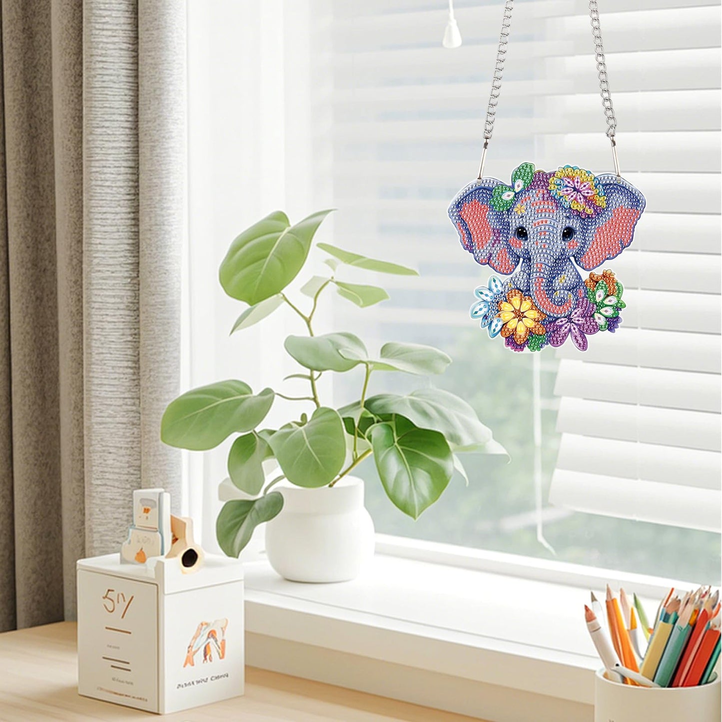 JZHYOAN Elephant Hanging Diamonds Painting Pendant Diamond Art Kits Hanging Sign Cross Stitch Ornament Wall Hanging Gem Art Window Pendants Home Garden Wall Hanging Kits Acrylic Ornaments Craft