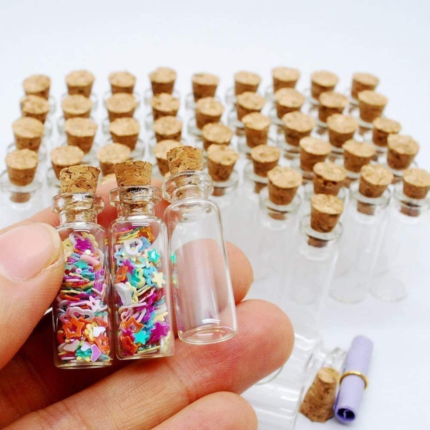 Minsily 100 Pcs 2ml Mini Glass Bottles with Cork Stoppers, 20 Meters Twines, Tiny Jars, Clear Mini Vials, Corked Bottles for DIY Arts, Crafts, Decoration, Party Favors, Gift