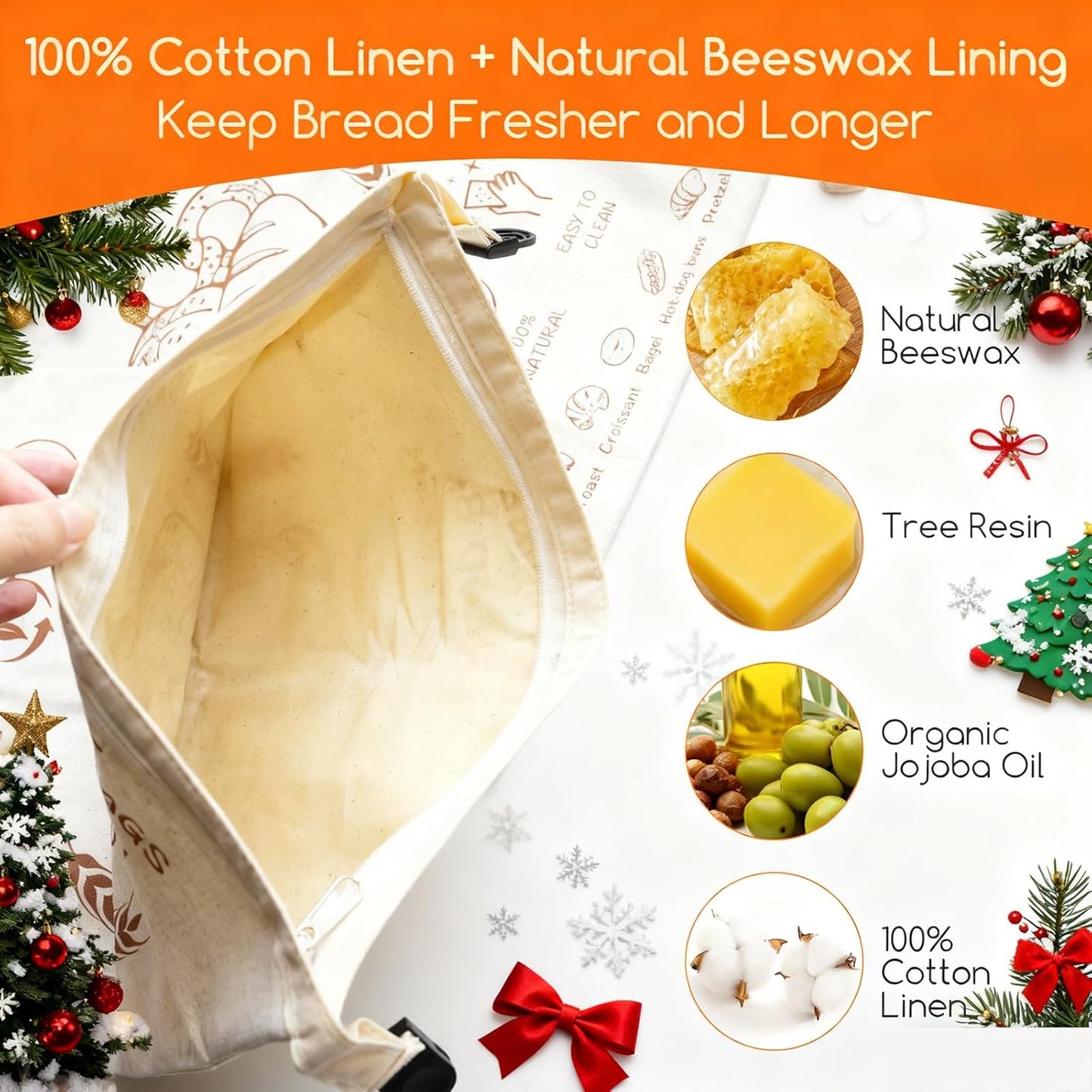17x13 Inch Design2 Pack Beeswax Bread Bags for Sourdough & Homemade Bread - Reusable Natural Cotton Bees Wax Bags