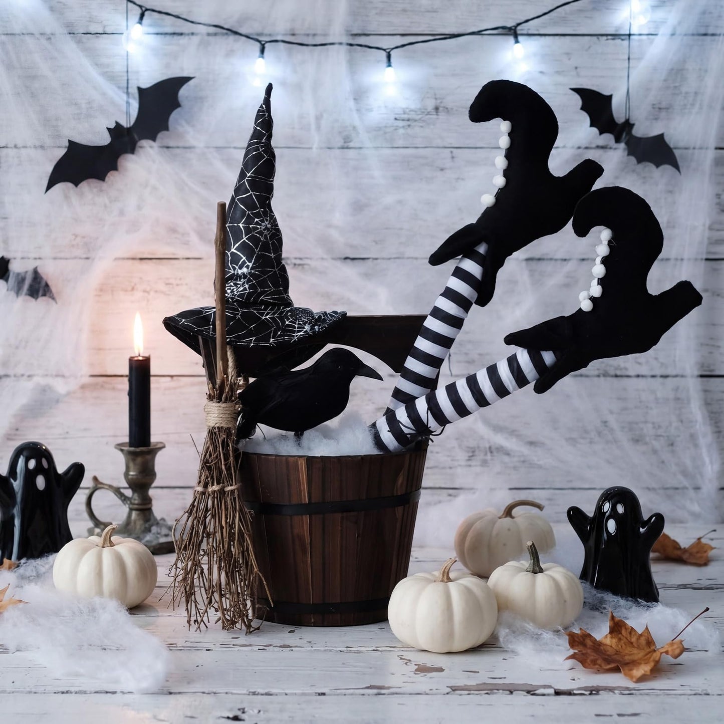 Cinnvoice Halloween Decorations Indoor Witch Legs Hat Broomstick Black Ravens Wooden Table Decor, Gothic Mantel Fireplace Centerpiece for Home Kitchen Office Bar Bedroom Holiday Indoor Party Supplies