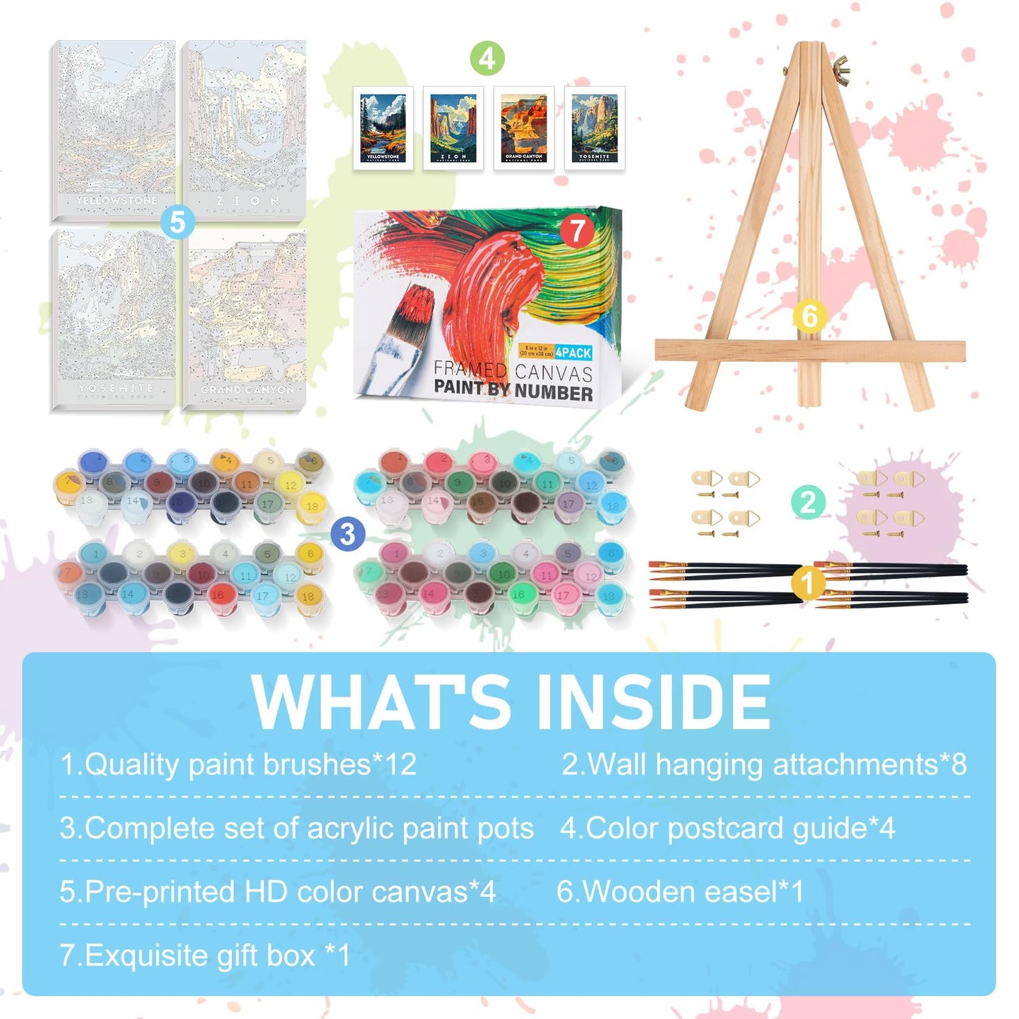 4 Pack Framed Paint by Numbers Kit for Adults with Wooden Easel, National Parks Easy Paint by Numbers with Frame for Beginners, Adult Paint by Number Kits Framed Canvas for Home Decor Gift 8x12 Inch