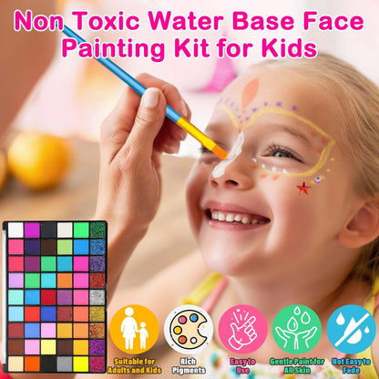 Professional Face Painting Kit for Kids and Adults – 54 Color Water Activated Cosplay Makeup Kit, Non-Toxic Body Paint with Stencils, Gems, Brushes– for Halloween FX, Bday Parties, School Event