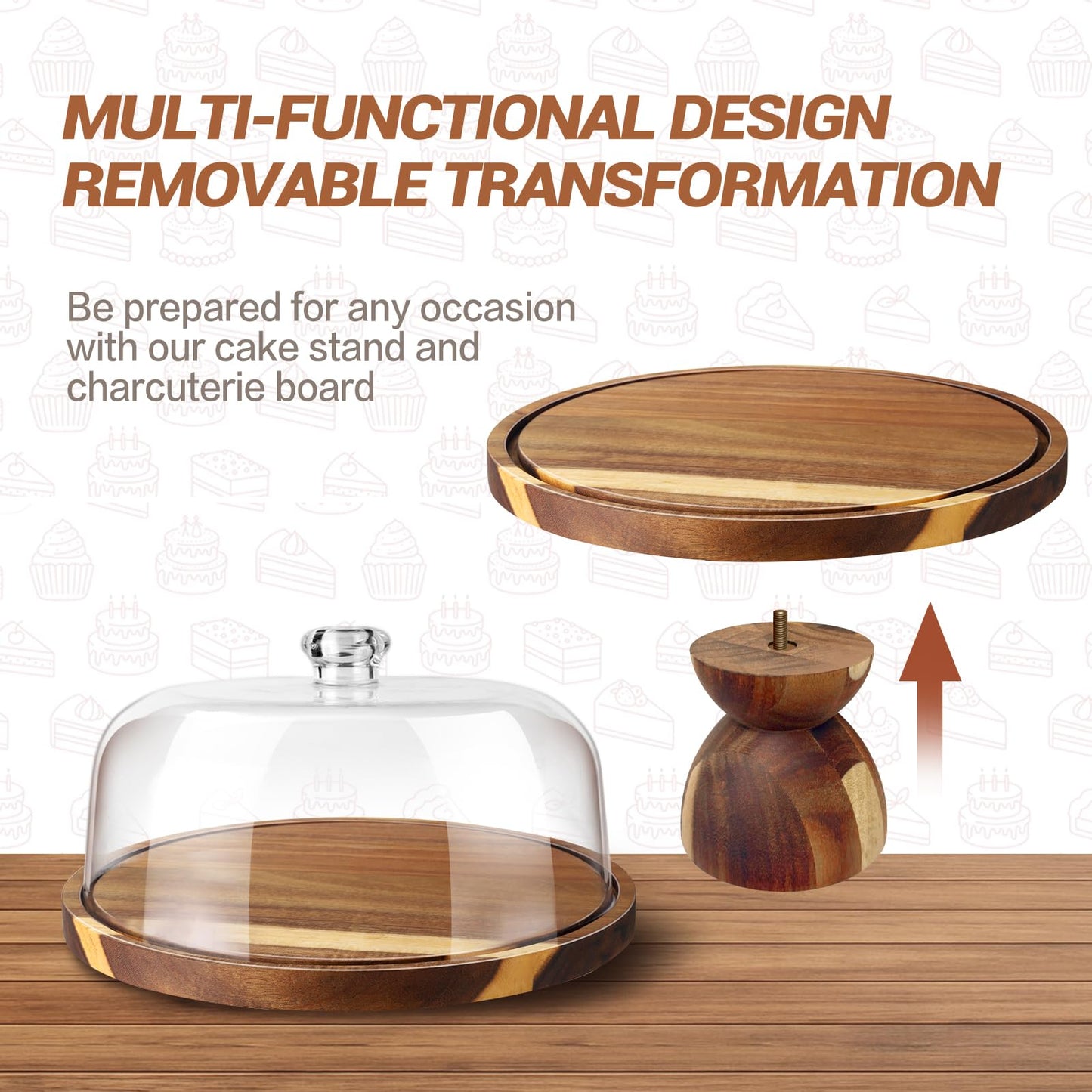 BOTOP Acacia Wood Cake Stand with Lid - 12 Inch Acrylic Dome Cake Cover for Display - 2-in-1 Pedestal Cake Holder & Charcuterie Board - Rustic Wedding Registry Gift & Party Hosting Essentials