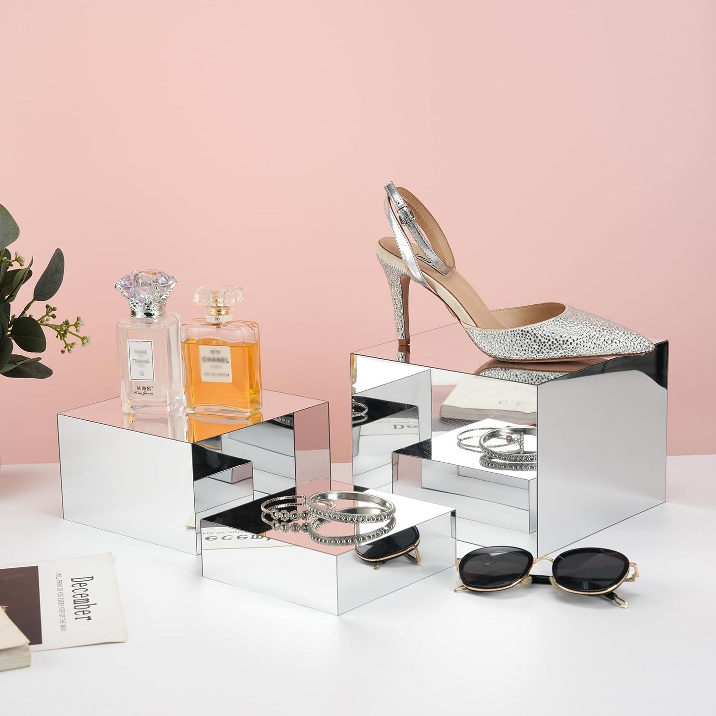 Silver Mirror Acrylic Display Risers, 6pcs Anti-Scratch Display Cubes, 4MM Thick Heavy Duty Square Boxes, Professional Showcase for Figures Statues Perfume Purse Jewelry Party Wedding Buffet Cake