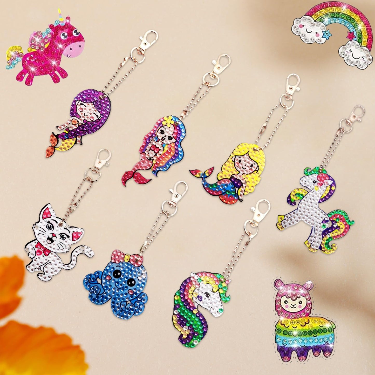 ACSAUMMY Diamond Art Painting Kits, 15pcs Diamonds Art Sticker + 8pcs Double Sides Diamond Keychains Kit Uni-Corn Gem Arts Craft Stickers Kit DIY Diamond Keychain Making Kit for Adults Kids Age 6-12