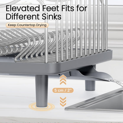 Dish Drying Rack Large Capacity - Stainless Steel Dish Rack for Kitchen Counter with Drain Board, Rustproof Dish Drainer with Auto Drain Spout Utensil Holder Glass Holder, Dinnerware Organizer, Gray
