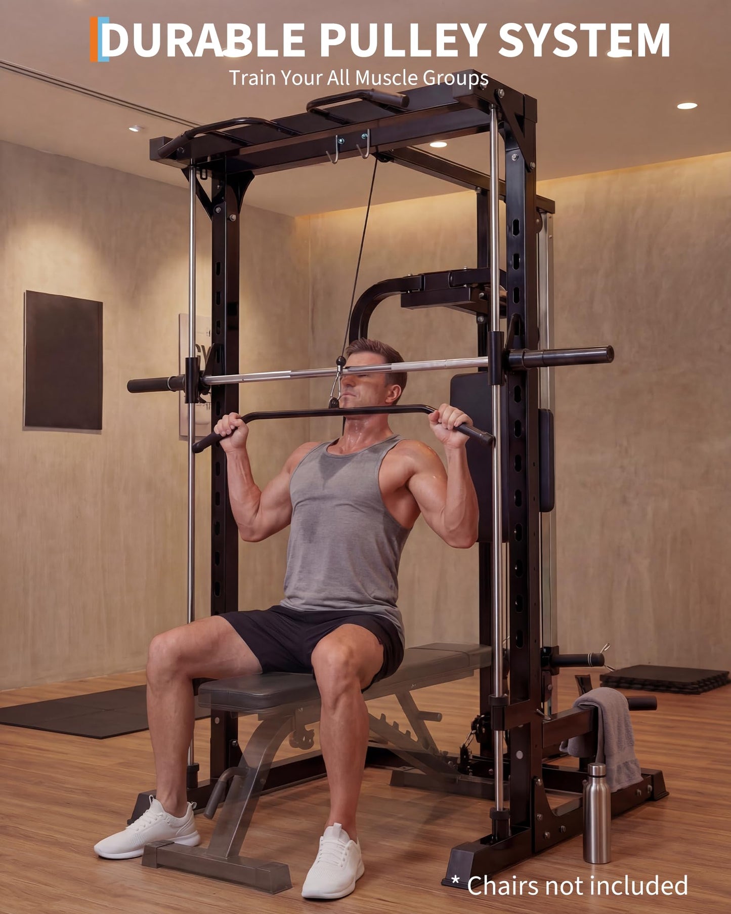 Garvee Smith Machine Home Gym, 1000 LB Power Cage Squat Rack with LAT Pulldown System, Chest Station & More Training Attachment, Multi-Functional Fitness Equipment for Full-Body Training, Black