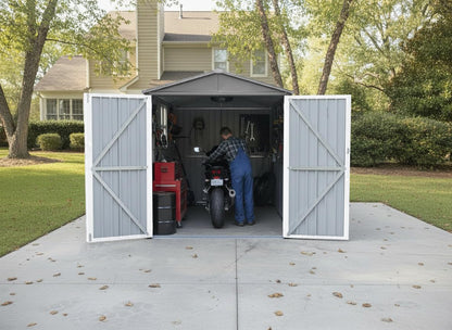 YOPTO 10x6.64 FT Metal Frame Garden Sheds with Lockable Doors and Window,Outdoor Heavy-Duty Storage Shed,w/Waterproof Roofs,for Motorcycle Bicycles Lawnmowers,Grey+White