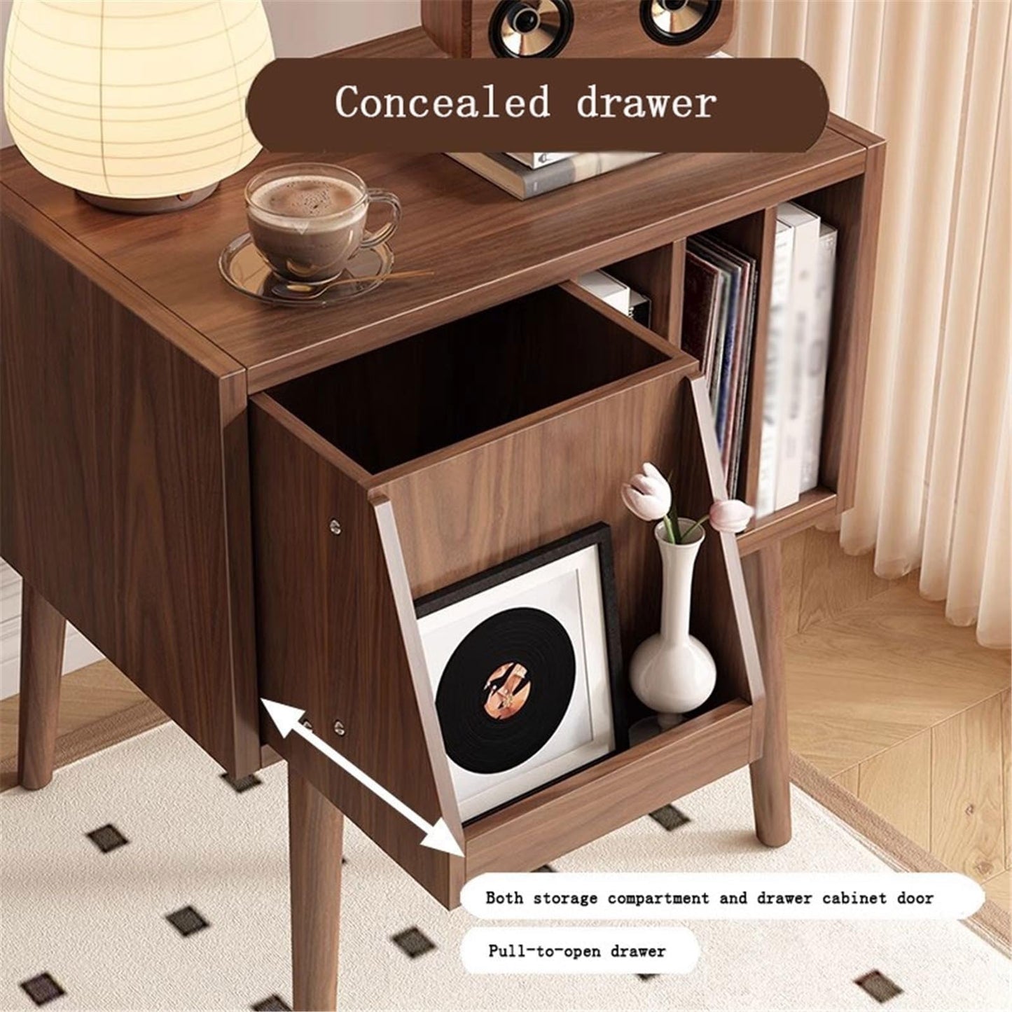 uP9sF2mD DVD Shelf Organizer Retro CD Display Cabinet with Concealed Drawer Wooden Vinyl Record Storage Shelf CD Storage Rack(Walnut colour)