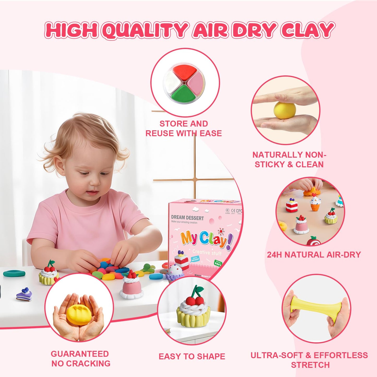 Air Dry Clay Kit, Modeling Clay for Kids, 12 Pack Dessert Theme, Soft & Non-Sticky, Non-Toxic DIY Art & Craft with Sculpting Tools & Tutorials, Birthday Holiday Gifts for Ages 4-12 Boys & Girls