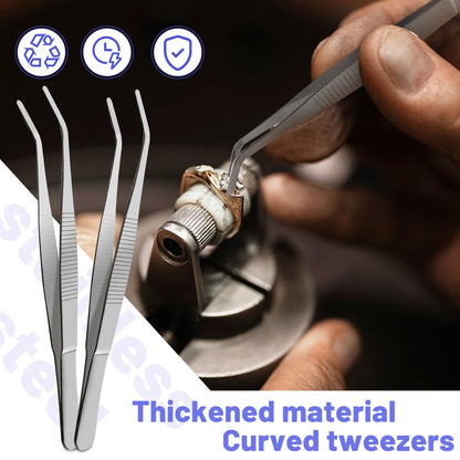 30PCS Thickened Stainless Steel Tweezers with Curved Serrated Tip, 6.3×0.4in Multipurpose Tweezers for Crafting, Craft Sewing, Garden Work and Feeding Small Animals, Non-Slipping Hand Tools (Sliver)