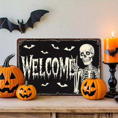 Welcome Skeleton Halloween Retro Metal Tin Sign Wall Art Decor for Front Door Home Farmhouse Halloween Party Indoor Outdoor 8x12 Inch