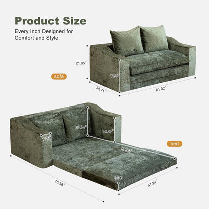 61" Convertible Sofa Bed Loveseat, Memory Foam Boneless Floor Couch with Removable Plush Velvet Cover, Tri-folding Compact Full-size Sleeper for Small Living Room, Playroom, Guest Room, RV (Emerald)