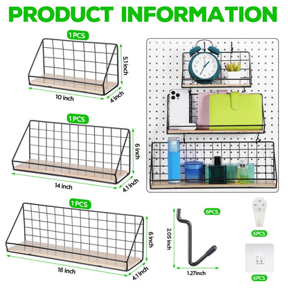 Roowest 3 Sets Metal Pegboard Shelves with Steel Peg Board Brackets and Hooks Wall Organizer Storage Display Tray Accessories for Craft Room Home Office Garage Nursery Workbench Kitchen(Black)
