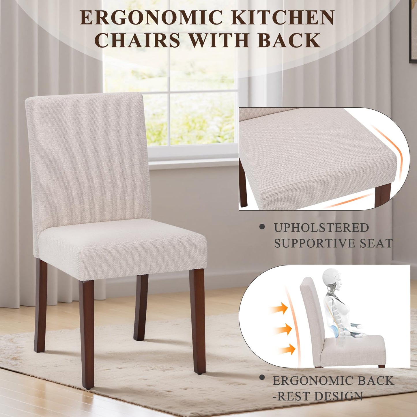MALOL Upholstered Dining Chairs Set of 4, Fabric Dining Room Chairs, Modern Wooden Dining Chair, Kitchen Side Chairs, Farmhouse Dinner Chair with High Back for Kitchen, Beige