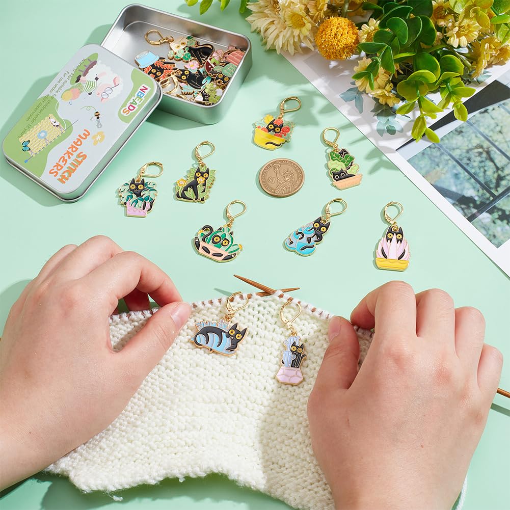 NBEADS 15 Styles Cat with Plants Stitch Markers, Alloy Enamel Crochet Stitch Marker with Leverback Locking for Knitting and Crocheting