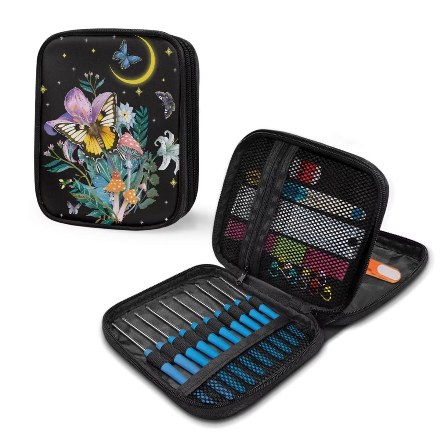 Twousenru Fashionable Butterfly Mushroom Crochet Hook Case Portable Knitting Needle Case with Web Pockets Swing Crochet Hooks Accessories Easy to Take