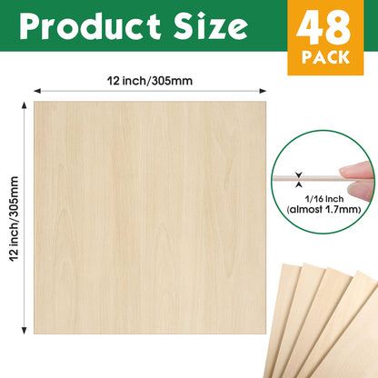 48 Pack Basswood Sheets 1/16x12X12Inch,Plywood Sheets for Crafts.Unfinished Wood Boards for Laser Cutting & Engraving,Burning,Balsa Wood Sheet for Painting.